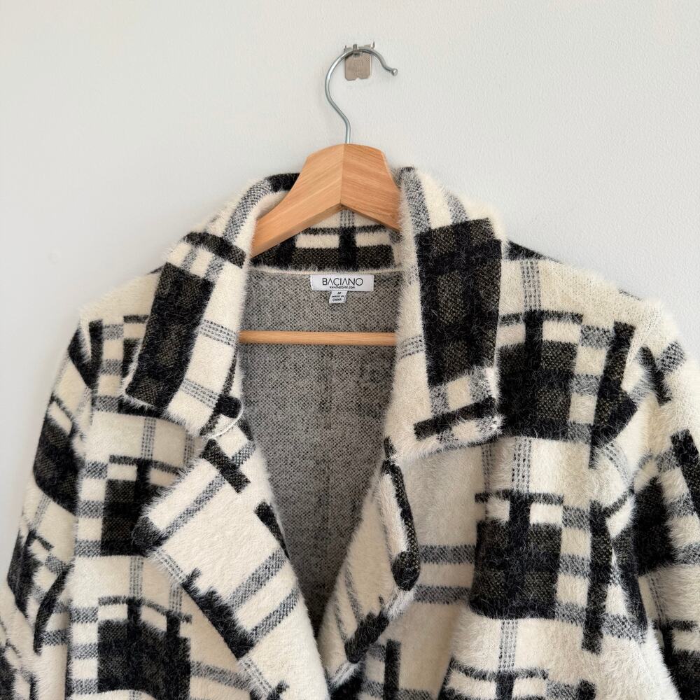 Baciano Plaid Pattern Double-Breasted Mid-Length Teddy Boucle Coat Black White M - Picture 7 of 9